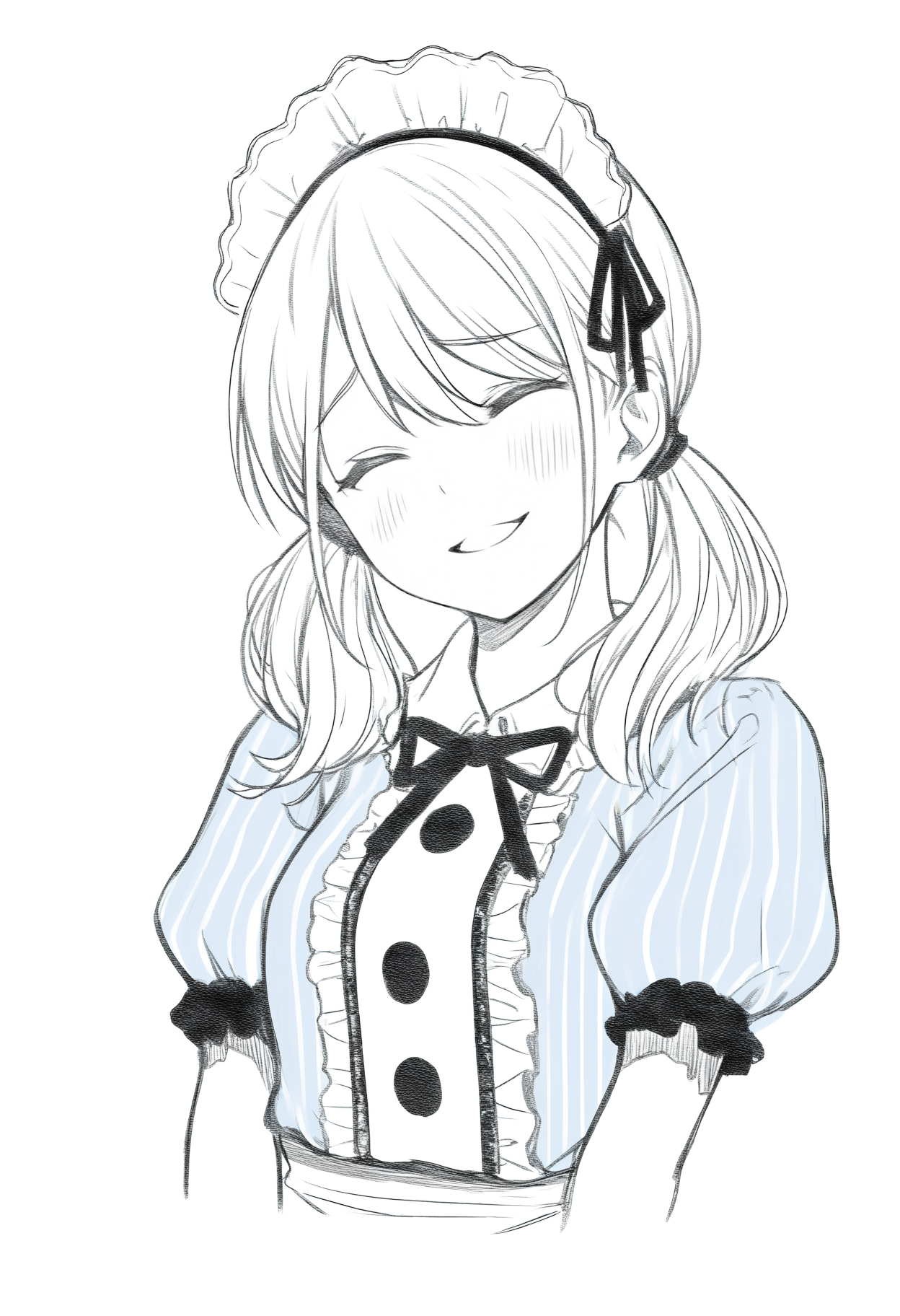 masterpiece, best quality, 1girl, solo, Tsuk1sh1maRiho, long hair, twintails, maid headdress, black ribbon, striped dress, blue dress, center frills, puffy short sleeves, white apron, simple background, cropped torso, parted lips, averting eyes, greyscale, monochrome, lineart, sketch, graphite \(medium\), traditional media, head tilt, closed eyes, smile, :d, blush, three quarter view, portrait, <lora:ChamTsukishimaRihoNoob:1>