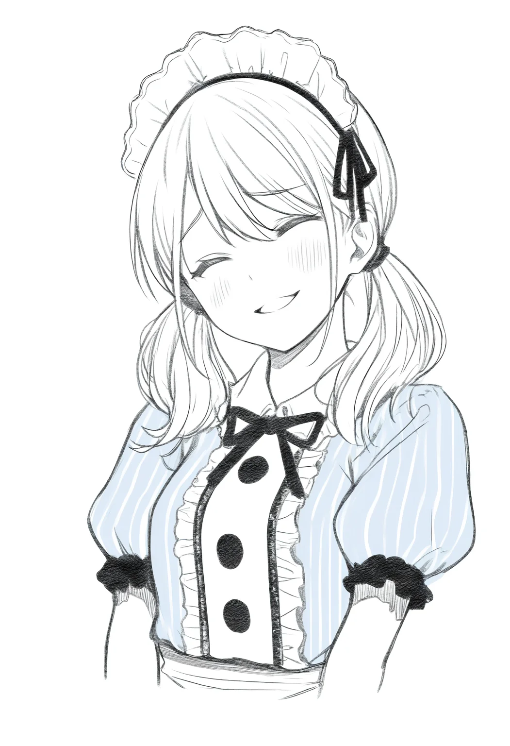 masterpiece, best quality, 1girl, solo, Tsuk1sh1maRiho, long hair, twintails, maid headdress, black ribbon, striped dress, blue dress, center frills, puffy short sleeves, white apron, simple background, cropped torso, parted lips, averting eyes, greyscale, monochrome, lineart, sketch, graphite \(medium\), traditional media, head tilt, closed eyes, smile, :d, blush, three quarter view, portrait, <lora:ChamTsukishimaRihoNoob:1>