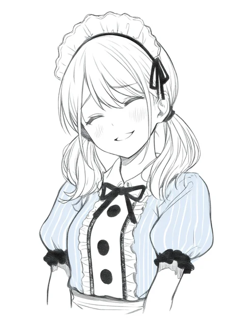 masterpiece, best quality, 1girl, solo, Tsuk1sh1maRiho, long hair, twintails, maid headdress, black ribbon, striped dress, blue dress, center frills, puffy short sleeves, white apron, simple background, cropped torso, parted lips, averting eyes, greyscale, monochrome, lineart, sketch, graphite \(medium\), traditional media, head tilt, closed eyes, smile, :d, blush, three quarter view, portrait, <lora:ChamTsukishimaRihoNoob:1>