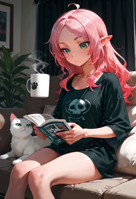solo, living room, elf girl, skinny, pink hair, green eyes, oversized black shirt, large t-shirt, nude t-shirt, sitting, reading, steaming coffee mug, white cat, cozy,
t4kar4i_illu, no_outlines, no lineart,
masterpiece, best quality, absurdres, [dynamic pose]