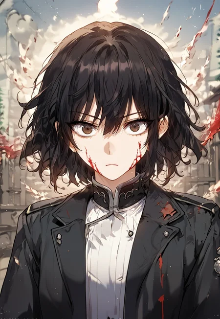 zPDXL3, score_9_up, score_8_up, score_7_up, (Anime_source), 1girl, MarthaZieghardt, brown eyes, black hair, short hair, military clothes, coat, upper body, from front, looking at viewer, floating hair, blood, dark atmosphere