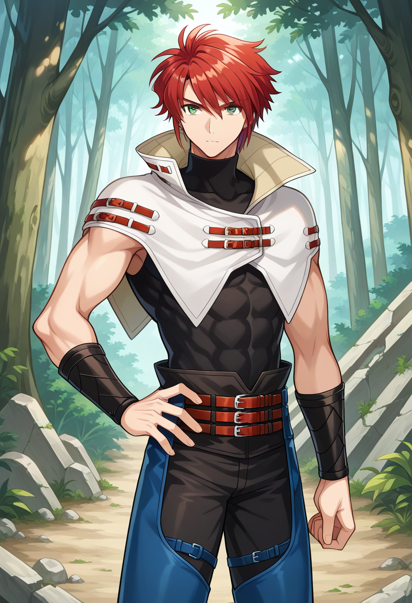 1boy, solo, forukashura, muscular, red hair, short hair, green eyes, capelet, high collar, bracer, sleeveless shirt, sleeveless, turtleneck, belt, pants, chaps, standing, cowboy shot, hand on hip, outdoors, forest, ruins, serious,