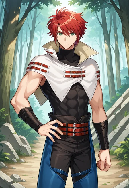 1boy, solo, forukashura, muscular, red hair, short hair, green eyes, capelet, high collar, bracer, sleeveless shirt, sleeveless, turtleneck, belt, pants, chaps, standing, cowboy shot, hand on hip, outdoors, forest, ruins, serious,