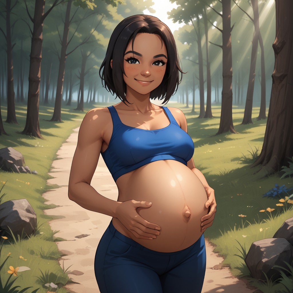 score_9, score_8, BREAK, solo, 1girl, black hair, black eyes, black eyebrows, blush, dark skin, dark skin female, dark blue clothing, black pants, shoes, breasts, Yunyun_(Wii_Sports), cute, adult female, mature female, (((pregnant))), sexy pose, self portrait, smile, outdoors, sunlight, shadows, evening lighting, natural lighting, forest, trees, grass, orange sky, sunset