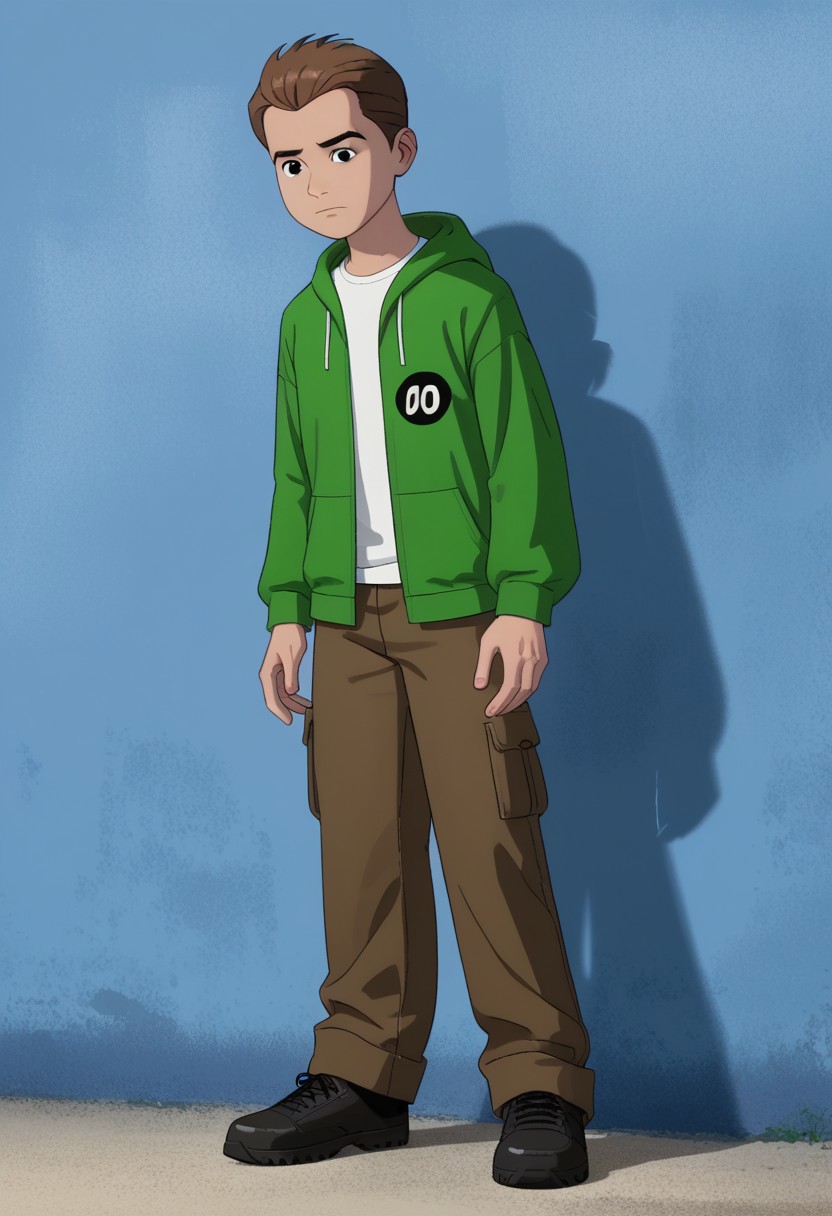 JimmyJonesUA, 1boy, solo, brown hair, black eyes, green hoodie, white shirt, cargo pants, black shoes