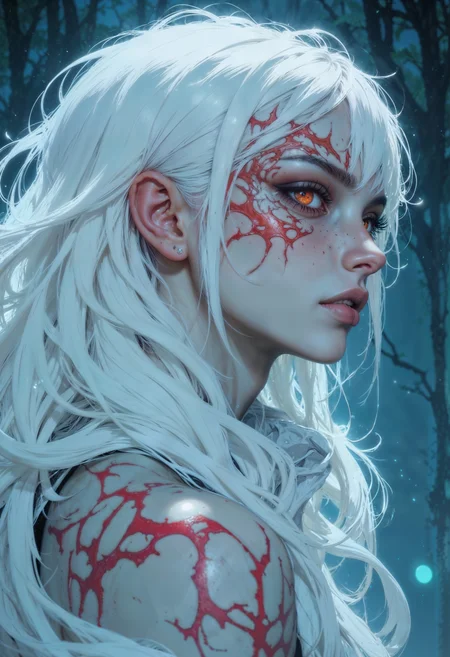 a close-up profile of a fantastical character with striking features. The subject has pale skin and long, flowing white hair that blends seamlessly into the cool blue background. The character's eyes are a vivid red, glowing intensely, and are framed by long, dark eyelashes. Intricate, swirling red tattoos or markings adorn the area around the eyes, adding an element of mystique. The lighting is soft, highlighting the smooth texture of the skin and the delicate features of the face, including a slightly upturned nose and full lips. The overall composition is ethereal and otherworldly, with a focus on the contrast between the cool tones of the skin and hair and the warm, fiery red of the eyes and markings.