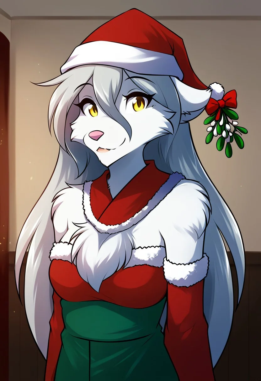 score_9, score_8_up, score_7_up,score_6_up,score_5_up, source_furry
BREAK
solo, furry female anthro, long hair, medium breasts, (seductive, cute), New Year's hat, New Year's costume, (indoors, standing), upper body shot, a branch of mistletoe on his chest, TomFischbeck
BREAK
<lora:Raine-Twokinds-SDXL-AnonTK-V1:1>, raine-twokinds, keidran, mammal, wolf tail, yellow eyes