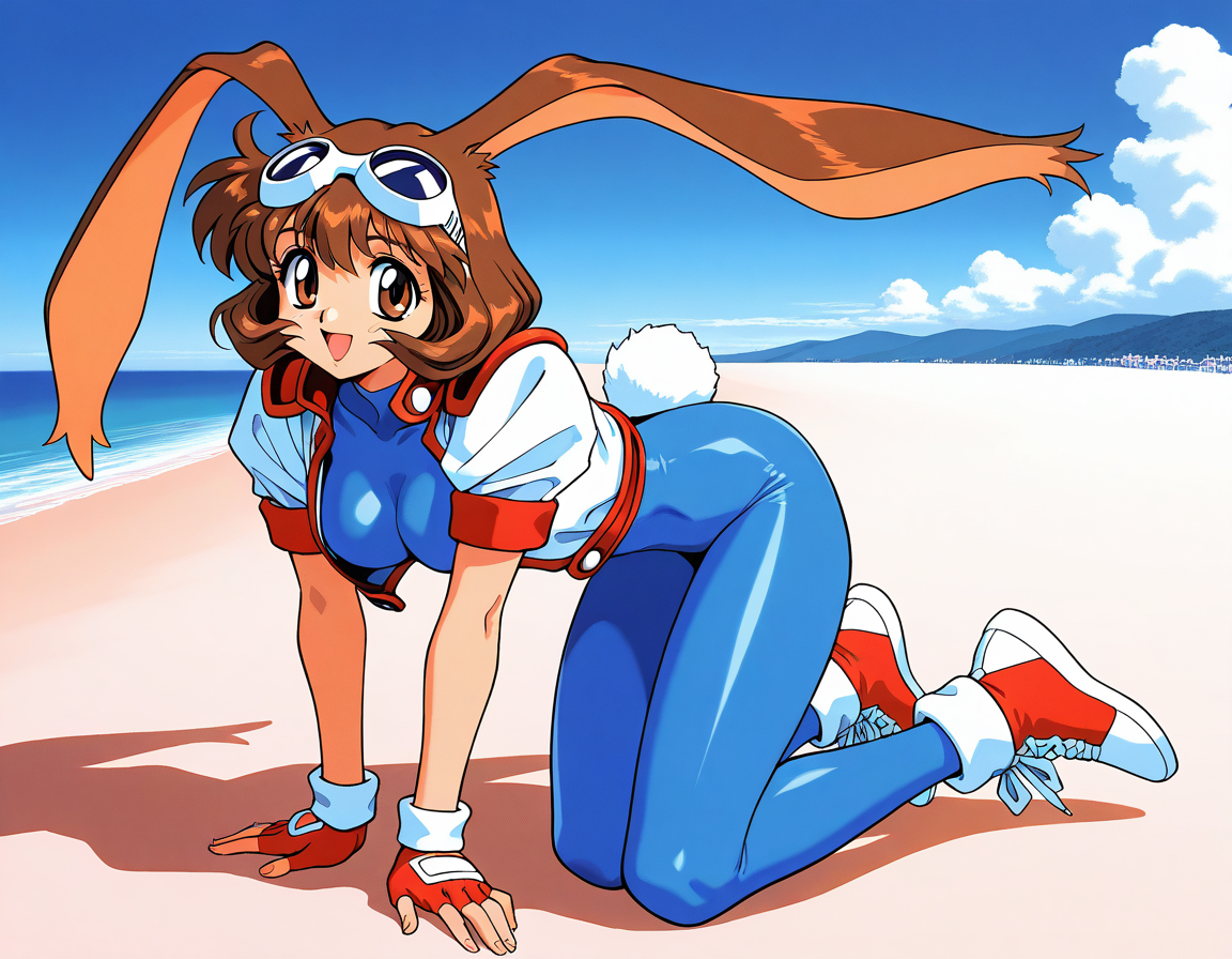masterpiece, best quality, good quality, <lora:Makihara_Arina_IS:1>Makihara_Arina, brown hair, animal ears, goggles on head, rabbit ears, brown eyes, 1990s (style),  medium breasts,
1girl, solo, gloves,  fingerless gloves, sneakers, 
shoes, blue bodysuit, full body, smile, looking at viewer, open mouth, bodysuit, short sleeves, red footwear, cropped jacket, red gloves, bangs,
blue sky, beach,