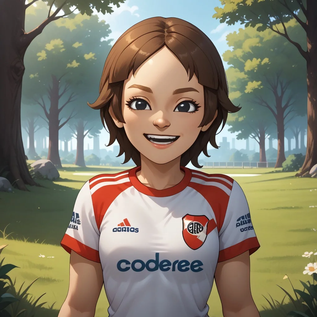 score_9, score_8, BREAK, solo, wii, mii, wii fit, 1girl, female mii, brown hair, dark blonde eyebrows, black eyes, half circle nose, open mouth, teeth, RiverPlate, striped shirt, striped, shirt, white shirt, short sleeves, clothes writing, sportswear, soccer uniform, white pants, barefoot, cute, Maeda_(\Wii_Fit\), small breasts, Nintendo Mii, modern_mii, classic_mii, sexy pose, self portrait, smile, outdoors, sunlight, shadows, evening lighting, natural lighting, forest, trees, grass, orange sky, sunset