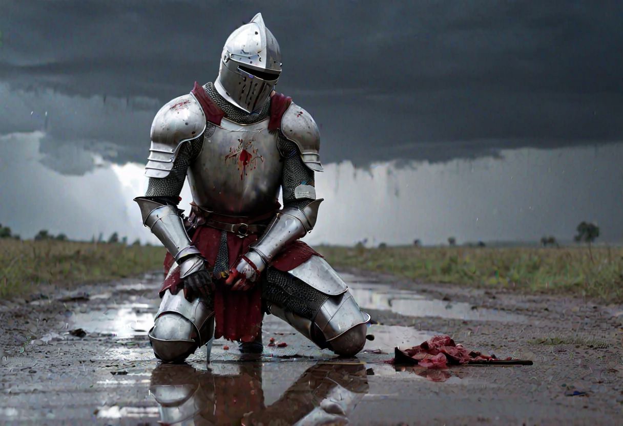 Masterpiece, DonMSt34mPXL, Realistic Lightning, Cinematic Lightning, Dark Lightning, Rain, Puddle, Clouded Sky, medieval, fantasy, pedestrians, Cape, Reflection, Corpses, Battlefield.
((((kneeling, male Knight, with bloody armor and closed helmet. Holding a broken sword) leaning on a (broken sword))) in a medival battlefield). (Unfocused dead knights laying in background). fandist background.