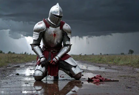 Masterpiece, DonMSt34mPXL, Realistic Lightning, Cinematic Lightning, Dark Lightning, Rain, Puddle, Clouded Sky, medieval, fantasy, pedestrians, Cape, Reflection, Corpses, Battlefield.
((((kneeling, male Knight, with bloody armor and closed helmet. Holding a broken sword) leaning on a (broken sword))) in a medival battlefield). (Unfocused dead knights laying in background). fandist background.