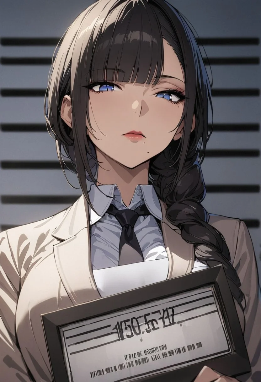 ong hair, blue eyes, black hair, bangs, blunt bangs, mole under mouth, nyotengu, full body, medium breasts, office lady, eyeliner, red lipstick, charming look, languid look, mole near mouth, tie, half-closed eyelids, villainess, eye shadow,
cinematic, (masterpiece), (best quality), (ultra-detailed), very aesthetic, illustration, perfect composition, intricate details, absurdres, detailed face,
nameplate inscription , holding sign, letterboxed, (looking at viewer), mugshot, english text, shiny skin, shiny,shiny face, extremely detailed , detailed background, looking down, office suit, white suit, closed mouth