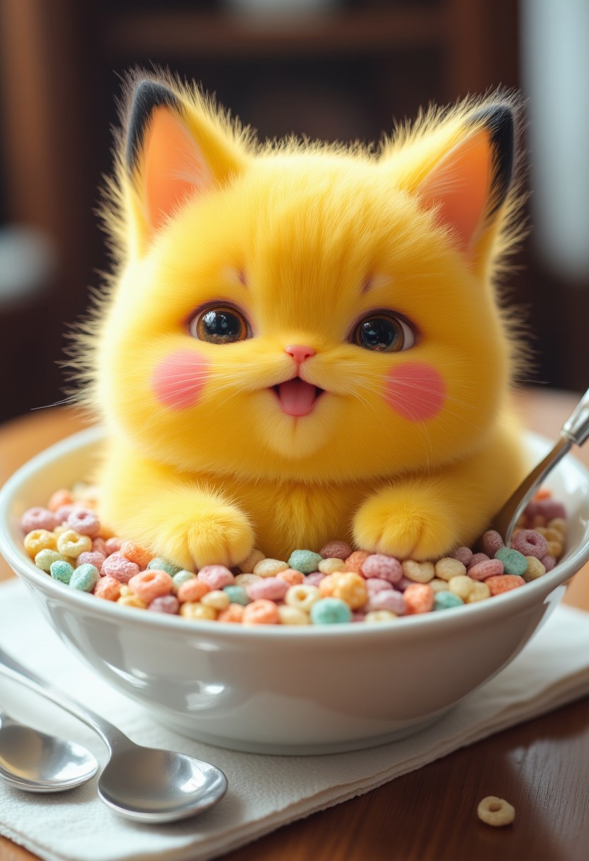 Yellow fluffy cute cat painted like Pikachu. The chubby funny cat has yellow fur and pink cheeks. The cute fluffy cat has black ear tips and a black tail tip. A chubby funny cat sits in a deep white bowl filled with colorful cereal. Spoon lie on napkin nearby. Adorable, cute, funny. realistic, higly detailed, cinematic, cartoonish atmosphere. detailmaximizer, midjourneyv6.1