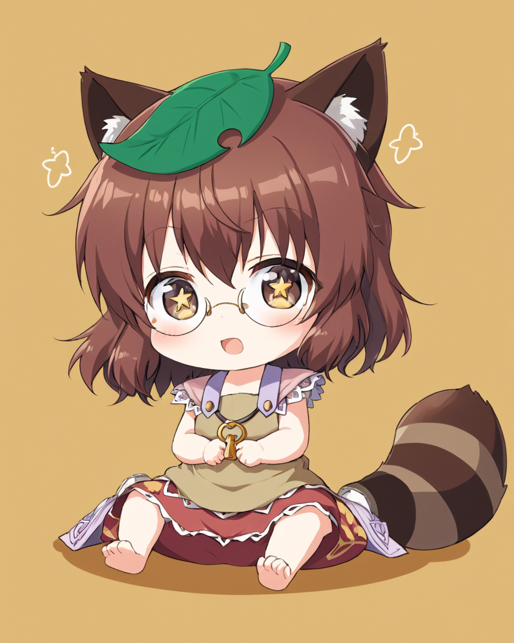 futatsuiwa mamizou,glasses, leaf_on_head, raccoon_tail, chibi, open_mouth, 1girl, sitting, pince-nez, :d, solo
<lora:futatsuiwa_mamizou_image2346_2023-12-20-000010:1>,star-shaped_pupils,symbol-shaped_pupils,. gorgeous,key visual, vibrant, studio anime,award-winning, professional, highly detailed,high budget, cinemascope