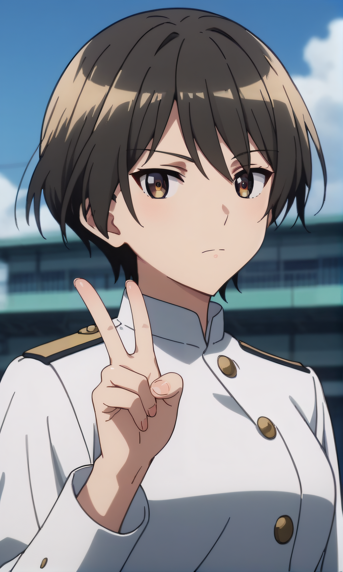 score_9, score_8_up, score_7_up, source_anime, rating_safe, intricate details, anime screencap, official style, anime coloring, 1girl, solo, <lora:Shindou_Mie:1>, shindoumie, brown eyes, dark hair, white military jacket,  looking at viewer, expressionless, outdoor, upper body, peace sign, closed mouth, hand up, five fingers