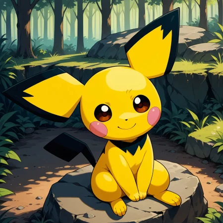 score_9, score_8_up, score_8, score_7, source_anime, Solo, semi-anthro, pokemon (creature), rodent, pichu, yellow and black fur, white pupils, black sclera, black tail, pink cheeks, large ears, full body, looking at viewer, smile, sitting on rock, forest background,