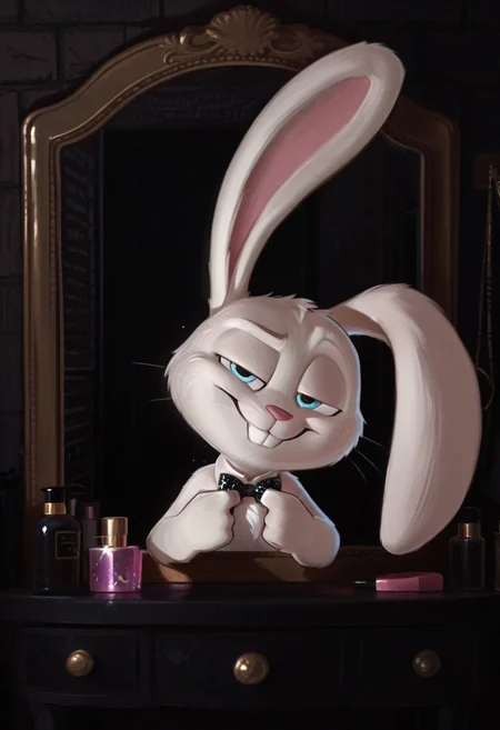 masterpiece, amazing quality, absurdres, ultra-detailed, detailed fluffy fur, no humans, furry male, solo, short, alec_azam, 1boy, white fur, blue eyes, whiskers, buck teeth, grin, teeth, rabbit tail, long ears, (droopy ears:1.1), unaligned ears, smug, half-closed eyes, eyelids, big black bowtie, sequined bowtie, glitter bowtie, detached collar, adjusting bowtie, hands up, head tilt, fluffy, body fur, fewer digits, 4 fingers, looking at viewer, big head, upper body, leaning forward, raised eyebrow, 
BREAK
looking at mirror, indoors, dressing room, vanity table, v4n1ty, hollywood mirror, mirror lights, bottles, (cosmetics:0.8), dark room, brick wall, light particles, detailed shading, WaiIL25PosC