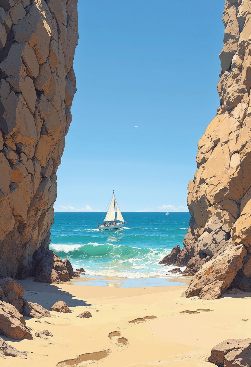 Create a photorealistic image of a tranquil coastal scene, a white old sailing boat is focus. The image is dominated by a large, rugged rock formation on the left and a smaller but equally imposing rock on the right, framing the view of the sea beyond. The rocks have a rough texture and appear to be made of light brown sandstone. The sand in the foreground is fine and light beige, with footprints leading into the scene.In the background is the sea. The sky above is clear,  a white sailboat is visible on the ocean, a vibrant tissue of hues and textures captured digitally, best quality, realistic, captivating, intricately detailed, hyper detailed, maximalist style, dynamic lighting, superb composition, finest details, highest aesthetics, best quality, sharp focus, high contrast, stylized, clear, colorful, ultra quality, whimsical, fantastic, splash art, intricate detailed, hyperdetailed, maximalist style, hyper detailed, maximalist style,  concept art, sharp focus, harmony, serenity, calm, mysterious glow, dynamic lighting, superb composition, sharp focus, high contrast, stylized, clear, colorful, ultra quality,  best quality, DB4RZ, DB4RZ style painting, NeoPigma, in the style of cksc, anime, cyberpunk, a masterpiece, award winning