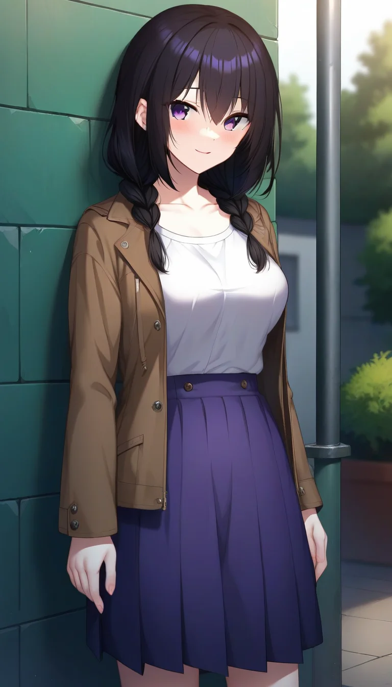 score_9,score_8_up,score_7_up,score_6_up BREAK official art,solo,outdoors,cowboy shot,looking at viewer,facing viewer,smile,blush,Saeshiro Misumi,medium hair,black hair,shiny hair,twin braids,hair over shoulder,hair between eyes,bangs,purple eyes,collarbone,brown jacket,open jacket,white shirt,long sleeves,medium breasts,long skirt,purple skirt,pleated skirt,white socks,black footwear,<lora:Saeshiro Misumi(mnm)-Pony:1.4>,