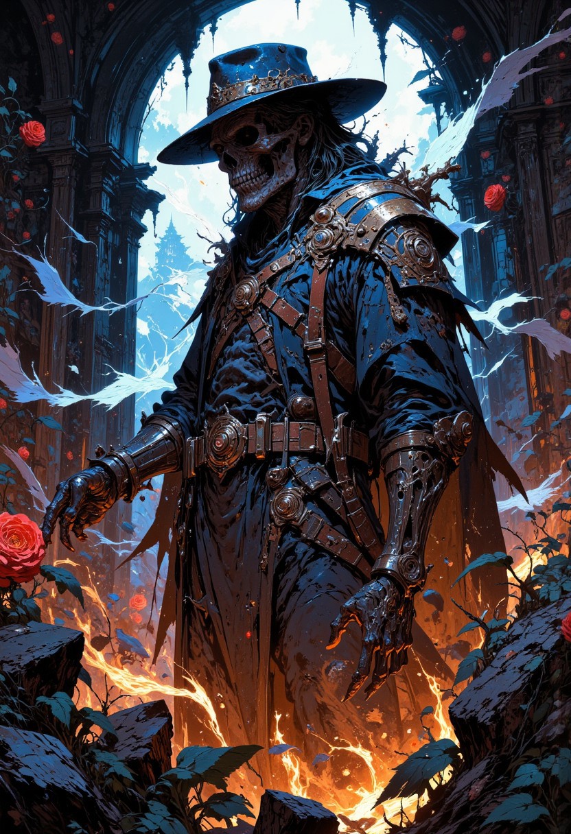 Gunslinger Skeleton in front of a slick and tall dark tower, roses surrounding