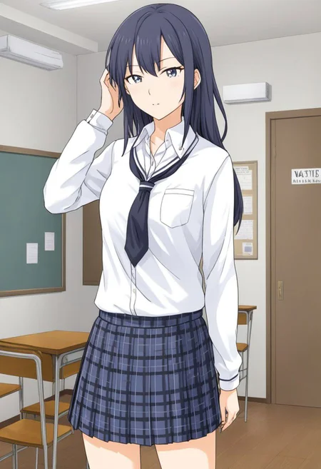 masterpiece, best quality,
kd_vnstyle
1girls,
school uniform,
white shirt, long sleeves,
skirt, plaid skirt,