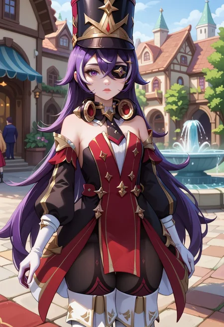 score_9, score_8_up, score_7_up, source_anime, 1girl, chevydef, purple eyes, purple hair, streaked hair, long hair, pointy hair, hair between eyes, eyepatch, mole under mouth, earmuffs, shako cap, gold trim, black necktie, red dress, strapless dress, puffy detached sleeves, bare shoulders, black headwear, detached collar, white gloves, black pantyhose, white footwear, thigh boots, standing, expressionless, looking at viewer, outdoors, renaissance town, fountain, cowboy shot, <lora:Chevreuse_v1-000010:1>