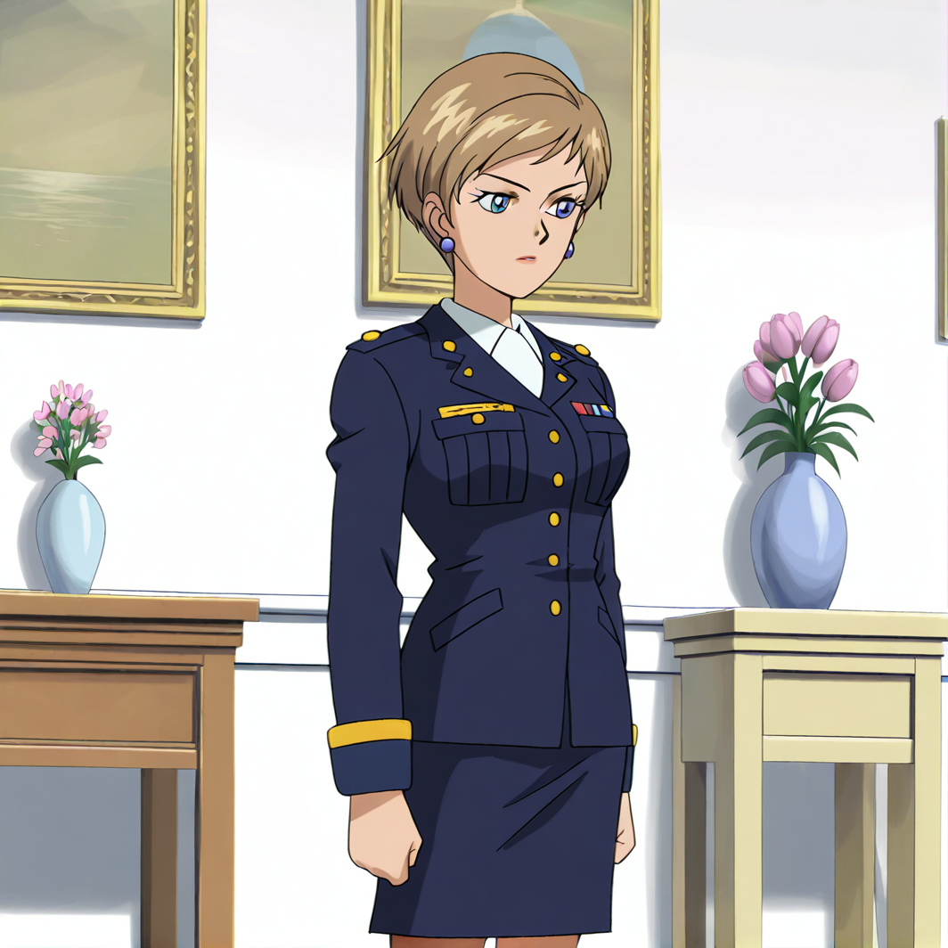 <lora:topaz_illustrious:1>, (masterpiece), (best quality), (ultra-detailed), amazing quality, very aesthetic, illustration, perfect composition, intricate details, absurdres, incredibly absurdres, topazsonicx, 1girl, solo, skirt, blonde hair, long sleeves, jewelry, standing, flower, pantyhose, earrings, indoors, uniform, military, military uniform, makeup, pencil skirt, retro artstyle, 1990s \(style\), vase, brown hair, short hair, blue eyes, lipstick, breasts,