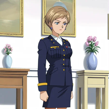 <lora:topaz_illustrious:1>, (masterpiece), (best quality), (ultra-detailed), amazing quality, very aesthetic, illustration, perfect composition, intricate details, absurdres, incredibly absurdres, topazsonicx, 1girl, solo, skirt, blonde hair, long sleeves, jewelry, standing, flower, pantyhose, earrings, indoors, uniform, military, military uniform, makeup, pencil skirt, retro artstyle, 1990s \(style\), vase, brown hair, short hair, blue eyes, lipstick, breasts,