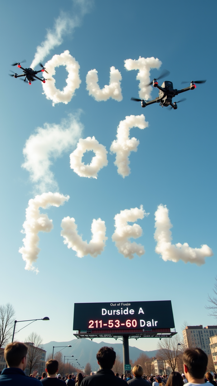 In the sky above a city, a high-tech drone is attempting to write a message in the clouds using a trail of white smoke. However, the drone malfunctions, and the letters come out crooked and broken, barely forming the phrase âOut of Fuel.â The smoke lingers in the sky, twisted and scattered by the wind, while people on the ground point up, confused by the jumbled message. Below, a digital billboard shows the droneâs status in real-time, as it hovers erratically before finally sputtering out and descending toward the ground. with Text: "Out of Fuel"  ,aidmatextimprover