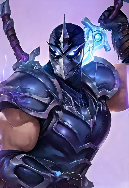 score_9, score_8_up, score_7_up, score_6_up, score_5_up, score_4_up, source_anime,  Shen, solo, looking at viewer, blue eyes, simple background, gloves, 1boy, holding, upper body, weapon, male focus, horns, black gloves, sword, holding weapon, armor, bodysuit, mask, glowing, holding sword, helmet, shoulder armor, gauntlets, glowing eyes, single horn, purple background, breastplate, black bodysuit, white eyes, knight, full armor, black armor, tokusatsu, broad shoulders, muscular, huge pecs, huge traps, shocked expression