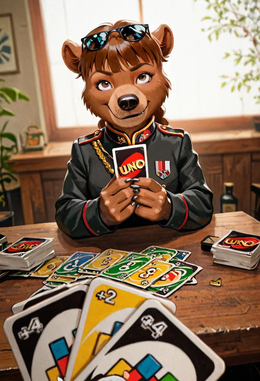<lora:BearslIllustriousNAI-000060:1> (cute:1.3), ambrosia, brown hair , bear BREAK
military uniform, holding gun, smirk, looking up at viewer, sunglasses, paws,
Smooth Quality, BREAK, solo focus, holding card, pov across table, uno \(game\), imminent uno loss \(meme\),
perfect quality, best quality, clear composition, absurdres, high resolution, newest (masterwork, masterpiece, hyper-detailed, 8k uhd), BREAK
lazypos, (SuperQuality:1.0) ~ (SuperQuality:1.2)aaa