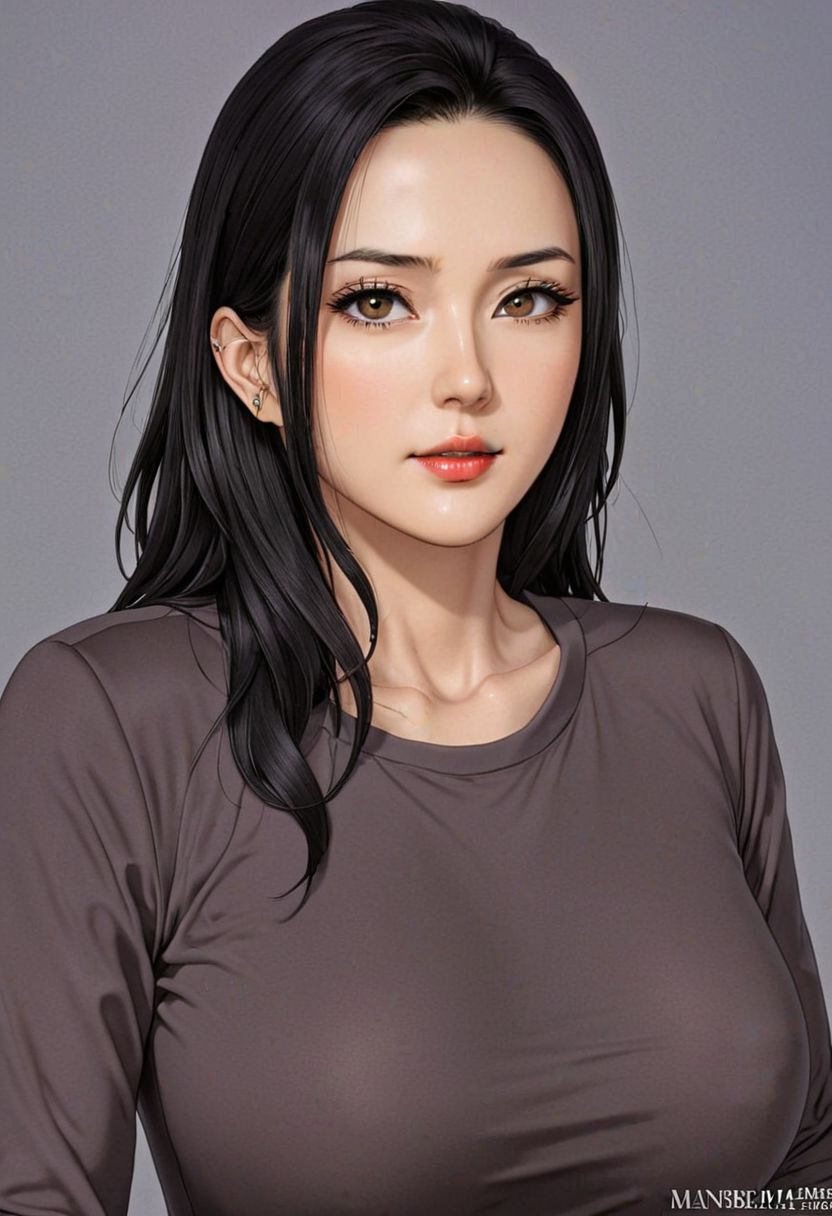 masterpiece, intricate details, manhwa milf, queen bee ami, grey eyes, black hair