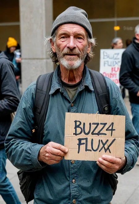 A homeless man holding a sing that says "BUZZ 4 FLUX"   <lora:add-detail-xl:1>