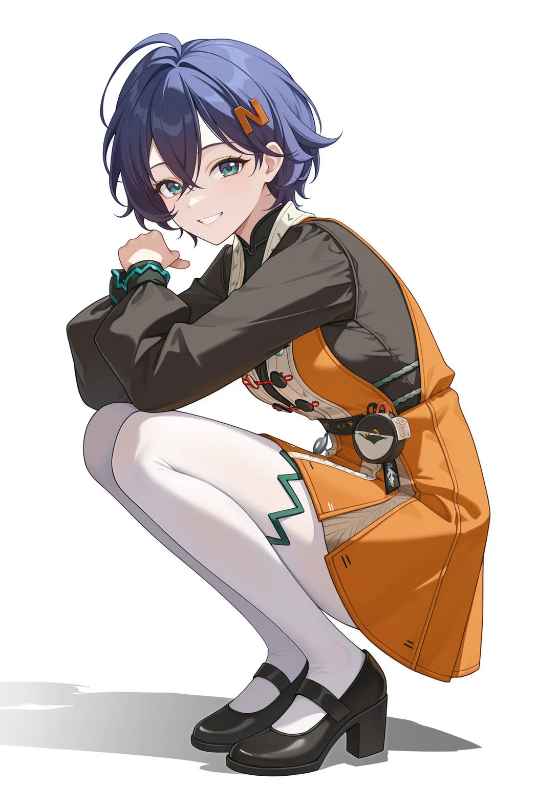 <lora:belle_illustrious-000038:1>,
belle \(delicate_daylight\),belle,solo,smile,pantyhose,looking at viewer,white background,full body,fighting stance,simple background,long sleeves,grin,dress,orange dress,white pantyhose,shadow,shoes,shirt,black footwear,black shirt,own hands together,crossed bangs,hairclip,squatting,teeth,ahoge,high_heels,thigh strap,
