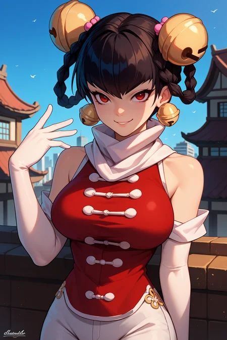 score_9, score_8_up, score_7_up, score_6_up, source_anime, 1girl, solo <lora:opmlinlin-pdxl-nvwls-v1-000005:1> opmll, black hair, short hair, hair rings, twin braids, red eyes, hair bell, white scarf, chinese clothes, red shirt, sleeveless, elbow gloves, white pants, large breasts, looking at you, smug, smile, blue sky, city, upper body, portrait