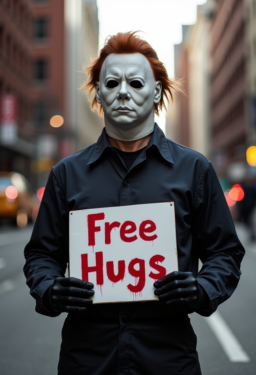 Michael Myers holding a sign that says "Free Hugs" wearing black gloves, standing in the city
