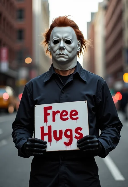 Michael Myers holding a sign that says "Free Hugs" wearing black gloves, standing in the city