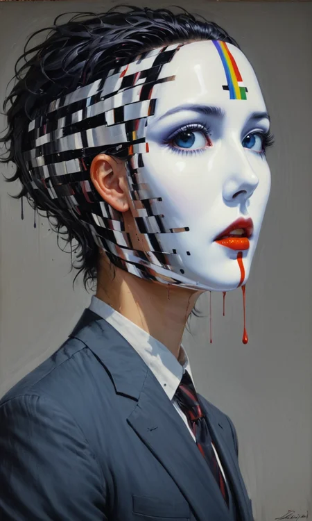 (masterpiece), (best quality), (ultra-detailed), My head is slicing into enigmatic sections, and my primary symptom is that I have no face, but I must see, internationally recognized oil painting by the master, sold at auction for 23 million USD. Expressive powerfully pained expression intermingled with notes of confusion, illustration, disheveled hair, detailed eyes, perfect composition, moist skin, intricate details, earrings, by wlop, Minimalism, My head is slicing into enigmatic sections, and my primary symptom is that I have no face, but I must see, internationally recognized oil painting by the master, sold at auction for 23 million USD. Expressive powerfully pained expression intermingled with notes of confusion, abstract, simple geometic shapes, hard edges, sleek contours, Minimalism, LGBTQ+ flag, My head is slicing into enigmatic sections, and my primary symptom is that I have no face, but I must see, internationally recognized oil painting by the master, sold at auction for 23 million USD. Expressive powerfully pained expression intermingled with notes of confusion, pristine sleek glossy surreal composition, gentle, sharp focus, extremely intriguing, intricate, fine cinematic color, highly