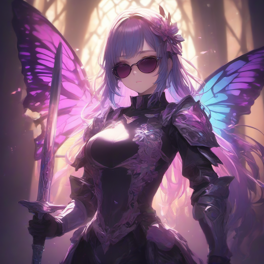 Masterpice,High Quality,portrait,anime
 <lora:PE_ButterflyLady:0.7> PEButterflyLady, 
knight armour,sunglasses,holding a long glowing sword,