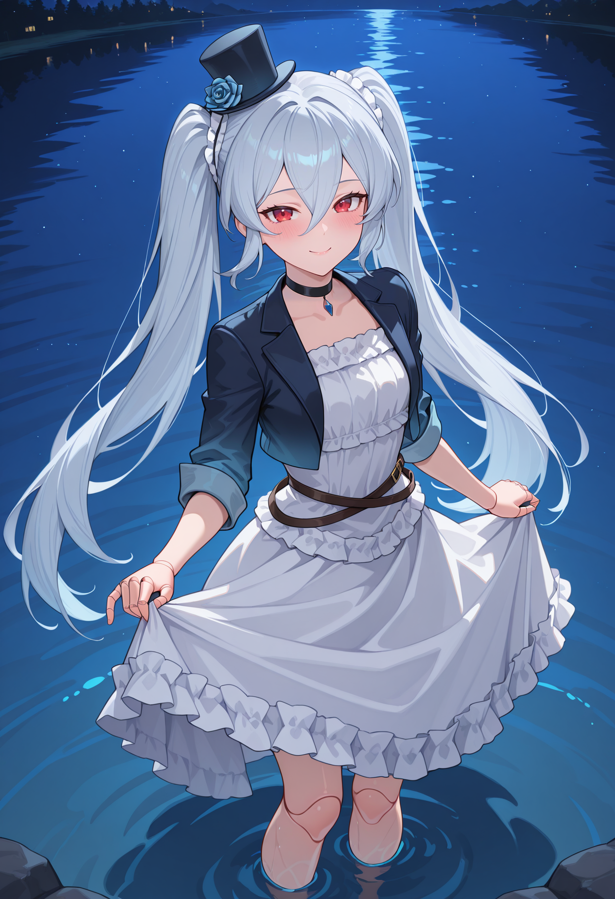 highres, best quality, masterpiece, night, lake,
1girl, solo, gbfochd, twintails, light blue hair, grey hair, very long hair, red eyes, joints, hair between eyes,
ochdeth, top hat, mini hat, hair ornament, blue rose, cropped jacket, black jacket, blue jacket, white dress, frilled dress, black choker, crossed belts,
looking at viewer, blush,
from above, skirt hold, standing, wading, smile,
<lora:_orchid_gbf-elesico-ilxlA-000013:1>
