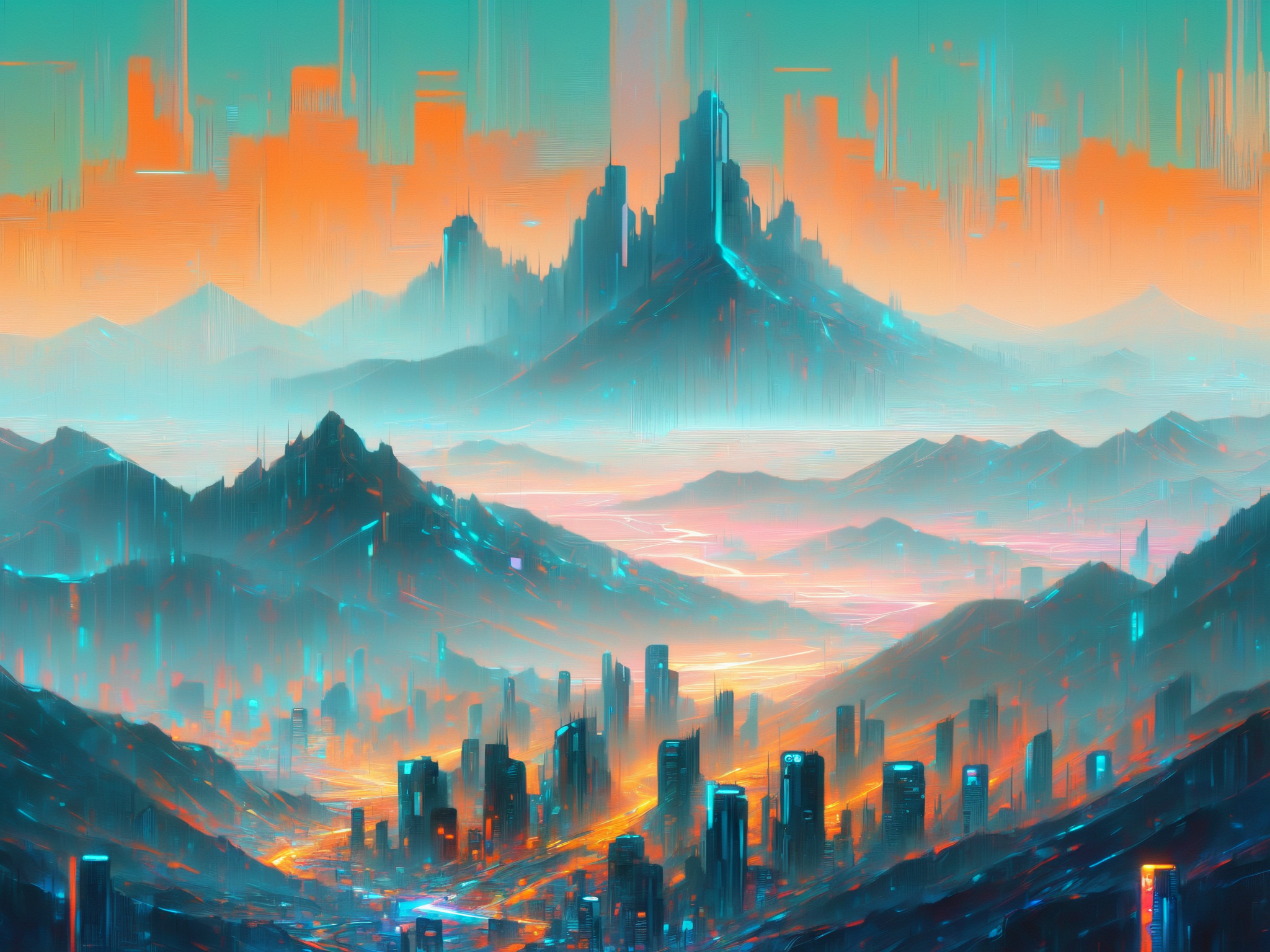 cityscape, mountains, mad-cybrpnkimprss, cyberpunk, impressionism, (masterpiece:1.2), best quality, (hyperdetailed, highest detailed:1.2), high resolution textures