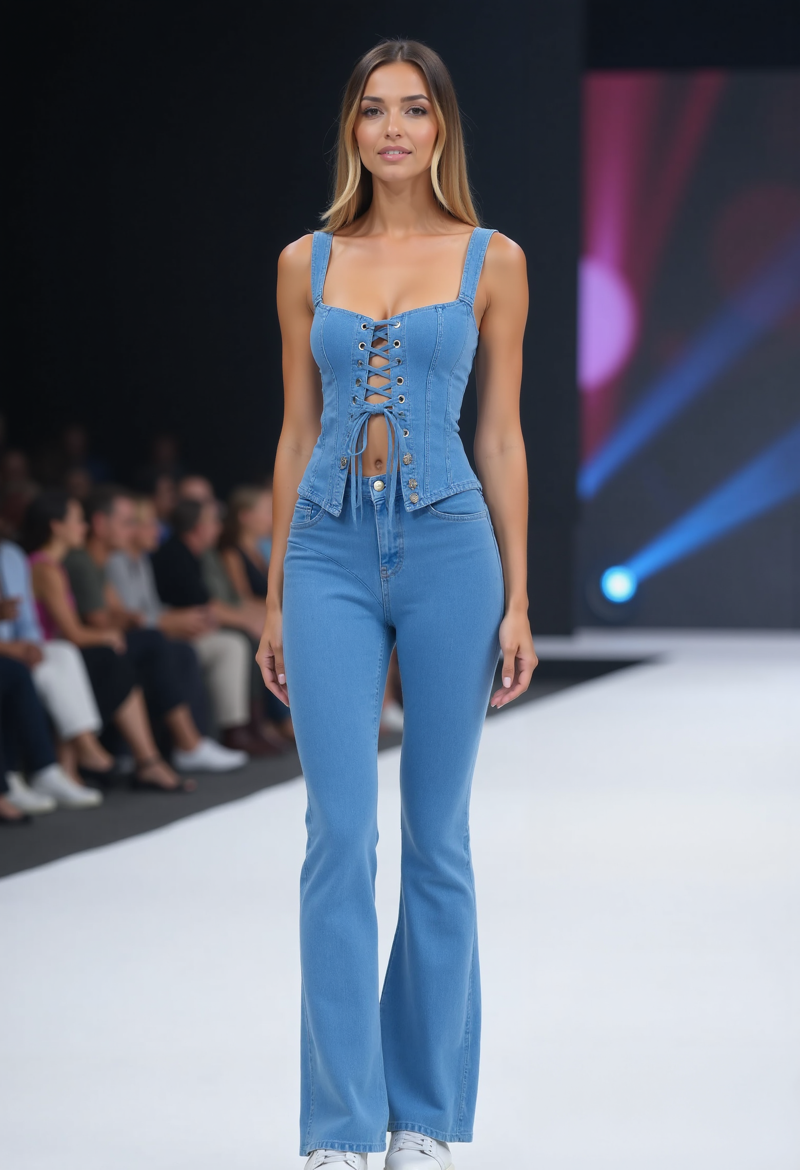 beautiful young woman, small round breasts, seductive smile, perfect makup, clo020, Full-body shot of a woman wearing a mid-blue wash corset-style denim top with lace-up front, high-waisted flared jeans, modern styled white sneakers, posing on a catwalk