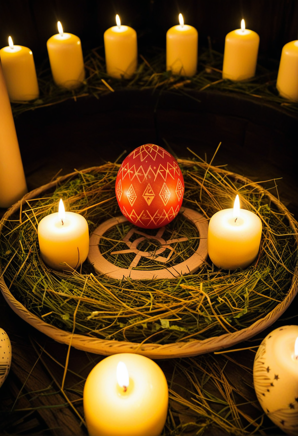 <lora:Sysdeep_EasterEgg:1>, sysdeep_easteregg, arcane easter egg glowing with ancient runes, levitating in a circle of candles, magical symbols in air, dark ambient lighting, high contrast, spellbinding detail