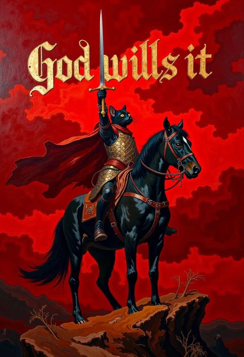 oil painting of a black cat crusader on horseback with a longsword pointed to the sky. Cloudy dark red sky.Text on screen in large golden rennaisance font "God wills it" DB4RZ, DB4RZ style painting