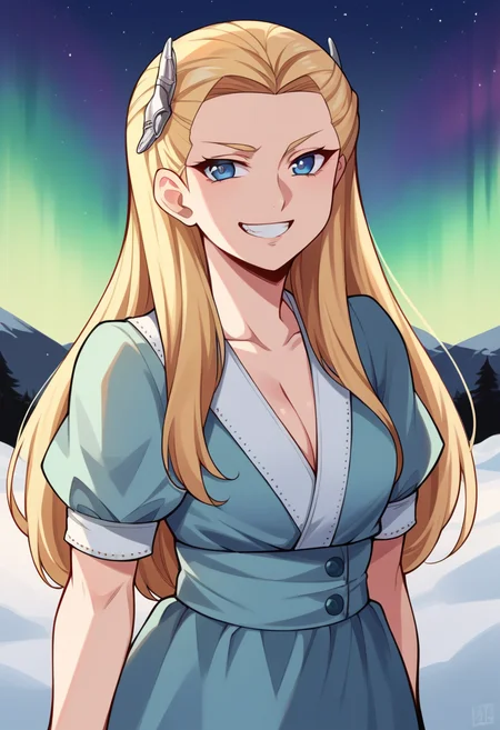 score_9, score_8_up, score_7_up, source_anime BREAK 1girl, solo, <lora:zs_LouisaXL:1> louisasmtj, long hair, blonde hair, blue eyes, hairclip, dress, cleavage, snow, night, arctic, aurora, grin, cowboy shot