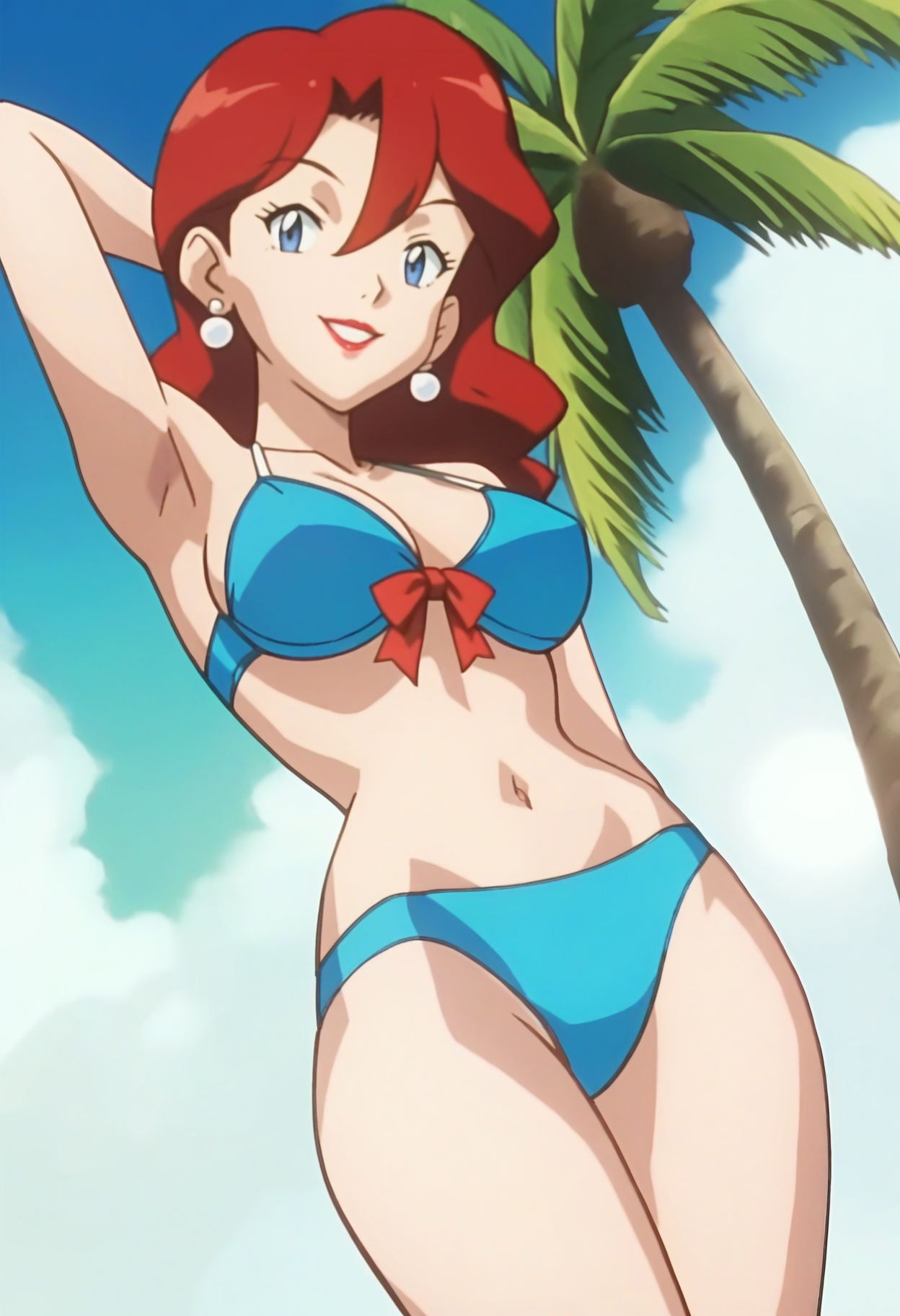 score_9, score_8_up, score_7_up, score_6_up, anime screencap, anime coloring, <lora:PMGC:0.8>, PMGC2, red hair, hair between eyes, blue eyes, white earrings, lipstick,
light blue bikini, red ribbon, navel,
looking at viewer, smile, arm behind back, armpits, legs, thighs,
BREAK, beach, sunlight, palm tree, blue sky,