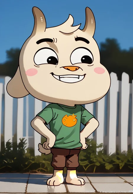 score_9, score_8_up, score_7_up,1boy, solo, cute boy, 1boy, solo, Chichi, goat, pale cream-colored goat, two horns, dark brown horns, fluffy tail, tuft of hair , pink cheeks, orange nose, Barefoot, hands on hips, smug smile, PONYXL_AlexRoss_ComicArt_ownwaifu