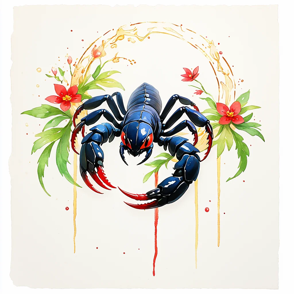 <lora:ArsMJStyle_-_SDXL:1>, ArsMJStyle, Scorpio, The image shows a painting of a scorpion surrounded by flowers and leaves on a piece of paper. The scorpion is depicted in a realistic style with its claws outstretched and its body covered in scales. The flowers are in full bloom adding a splash of color to the painting. The paper is a light color allowing the scorpion to stand out against the background., no humans, flower, pokemon (creature), painting (medium), watercolor (medium), red flower, traditional media, bug, solo, red eyes, leaf, full body