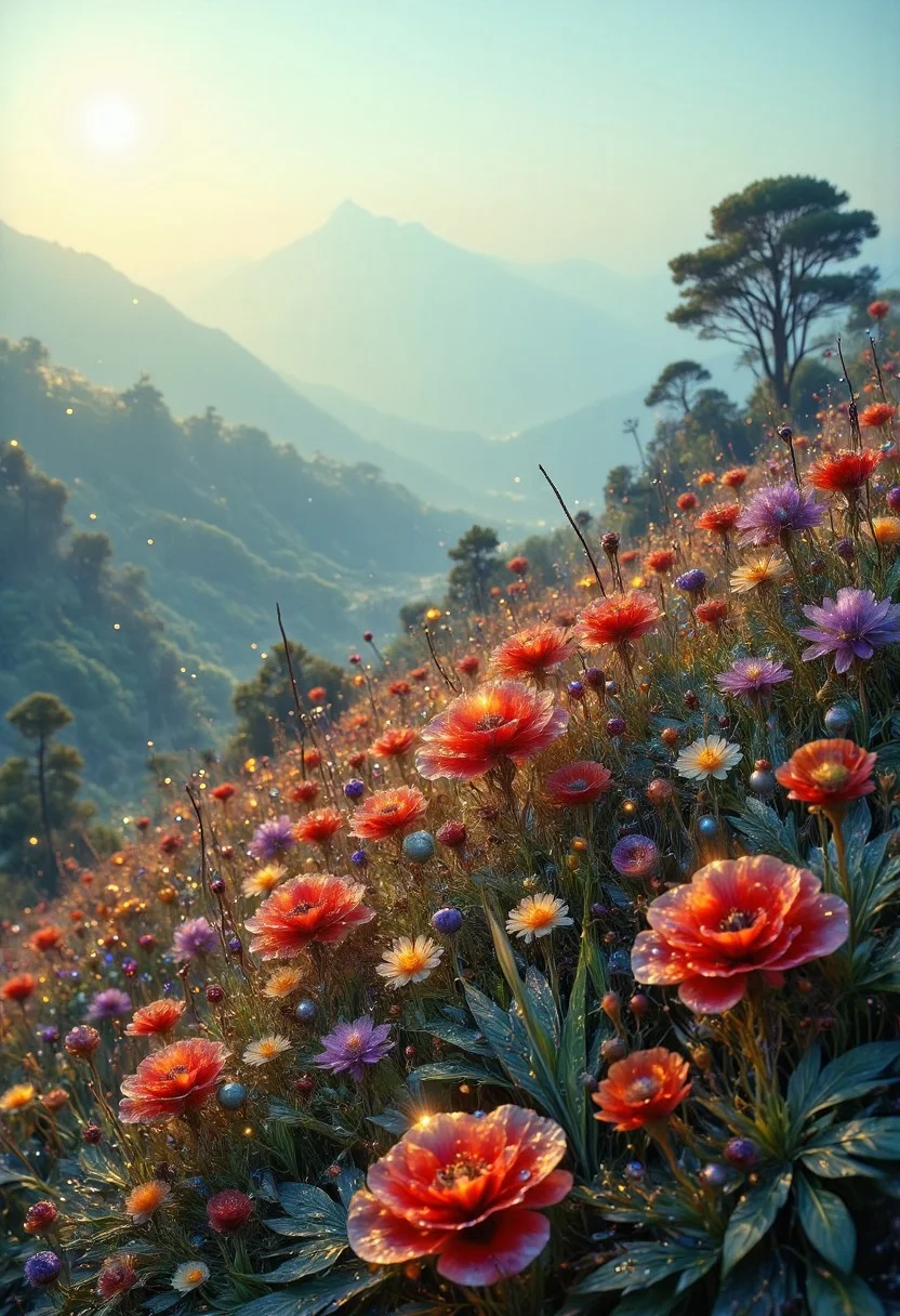 A melancholic foggy morning in a vast field of yellow and purple irises, with mist blanketing the landscape. The scene is a wide-angle landscape shot, featuring distant rolling hills and faint silhouettes of trees emerging from the fog. The mood is somber and reflective, with muted, soft lighting as the fog diffuses the morning light. The red poppies create a striking contrast against the subdued, misty background. Photorealistic, cinematic composition, natural lighting, 16K resolution.