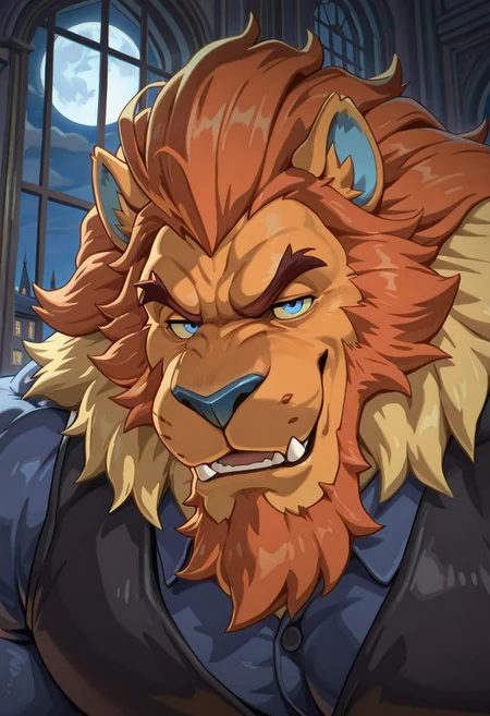 masterpiece, best quality, amazing quality, BKing, heavy chin, furry male, solo, fangs, beard, (blue ears, blue nose, orange hair, red bangs, yellow highlights, orange skin), mansion, at night, moon, long window, huge muscular lion, (arrogant, self-centered), blue eyes, face close up, front view, black vest, blue shirt, blue sleeves